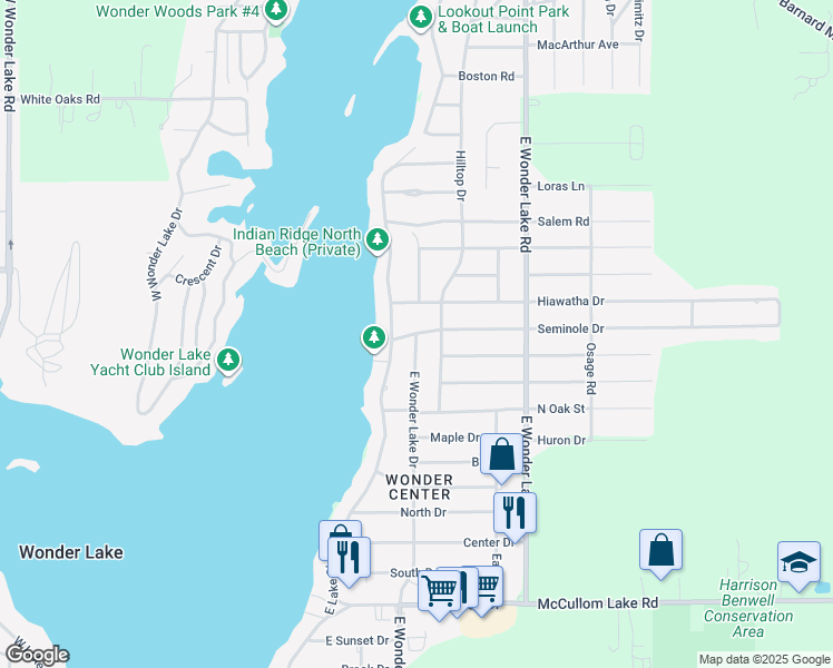 map of restaurants, bars, coffee shops, grocery stores, and more near 7618 East Wonder Lake Drive in Wonder Lake