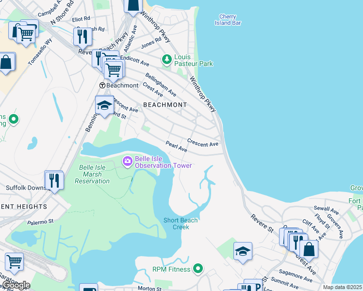 map of restaurants, bars, coffee shops, grocery stores, and more near 114 Pearl Avenue in Revere