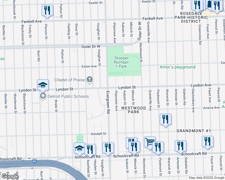 map of restaurants, bars, coffee shops, grocery stores, and more near 14432 Evergreen Road in Detroit