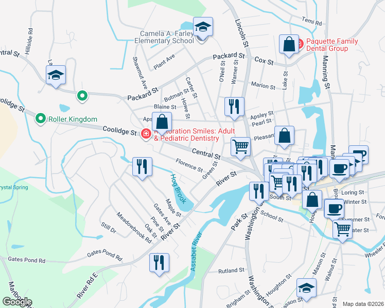 map of restaurants, bars, coffee shops, grocery stores, and more near 62 Central Street in Hudson
