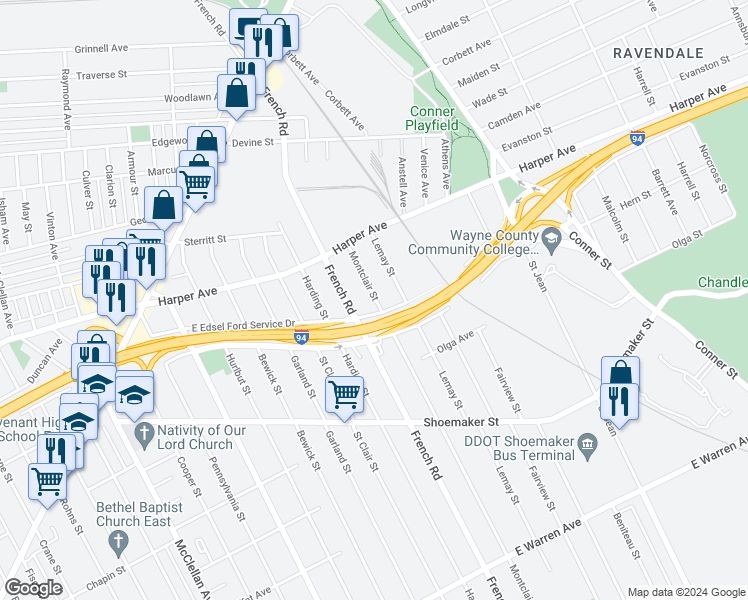 map of restaurants, bars, coffee shops, grocery stores, and more near 5751 Montclair Street in Detroit