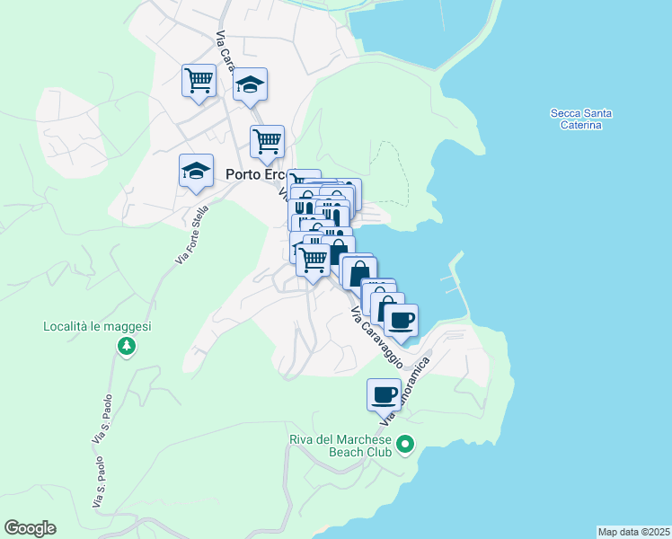 map of restaurants, bars, coffee shops, grocery stores, and more near 22 Lungomare Andrea Doria in Porto Ercole