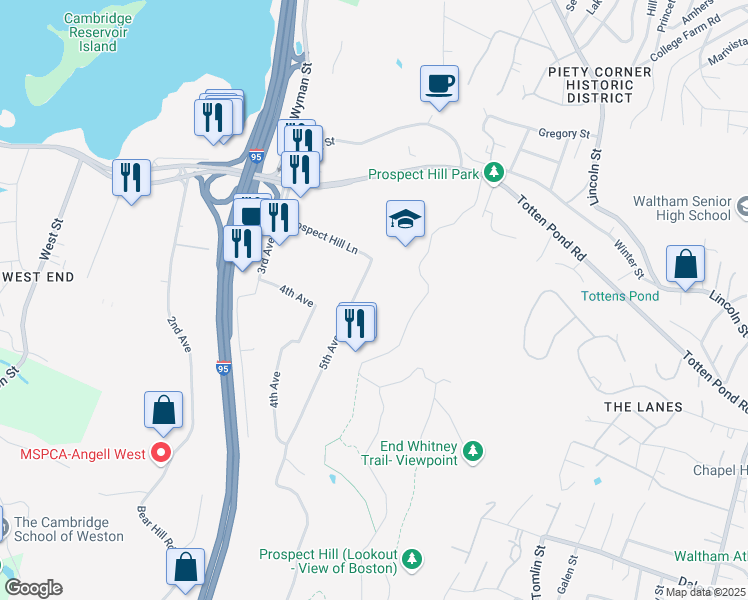 map of restaurants, bars, coffee shops, grocery stores, and more near 100 5th Avenue in Waltham