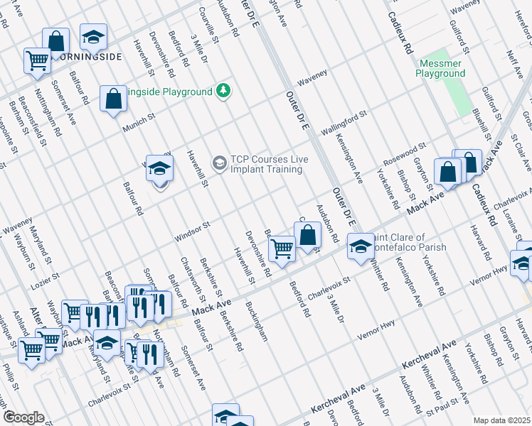 map of restaurants, bars, coffee shops, grocery stores, and more near 3661 Bedford Road in Detroit