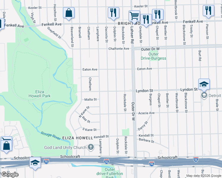 map of restaurants, bars, coffee shops, grocery stores, and more near 22313 Lyndon Street in Detroit