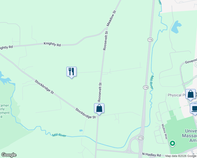 map of restaurants, bars, coffee shops, grocery stores, and more near 41 Roosevelt Street in Hadley