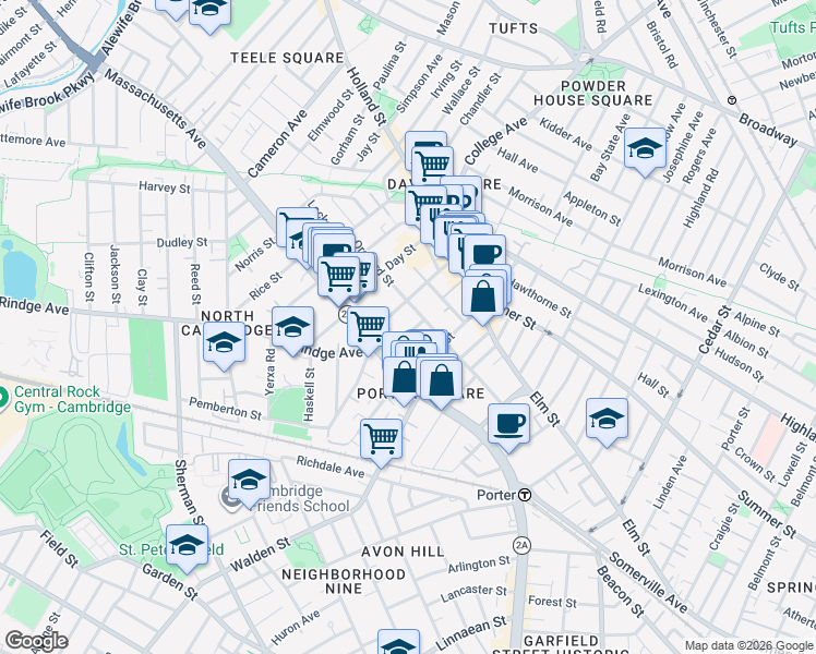 map of restaurants, bars, coffee shops, grocery stores, and more near 15 Milton Street in Cambridge