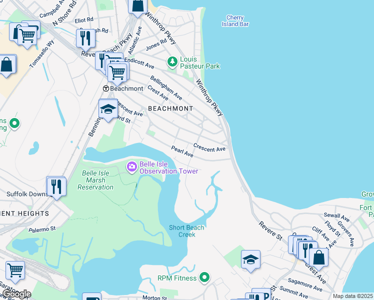 map of restaurants, bars, coffee shops, grocery stores, and more near 114 Pearl Avenue in Revere