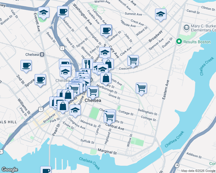 map of restaurants, bars, coffee shops, grocery stores, and more near 49 Marlborough Street in Chelsea