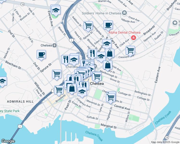 map of restaurants, bars, coffee shops, grocery stores, and more near 4 Washington Avenue in Chelsea