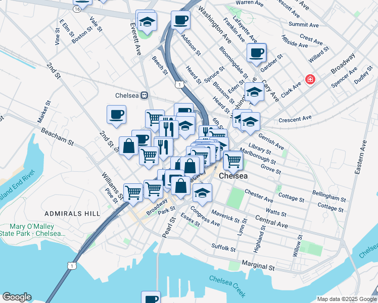 map of restaurants, bars, coffee shops, grocery stores, and more near 69 4th Street in Chelsea
