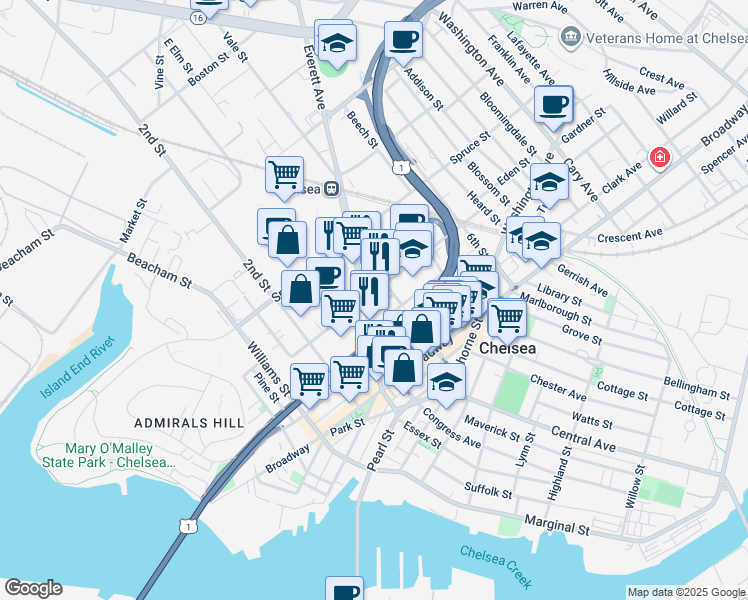 map of restaurants, bars, coffee shops, grocery stores, and more near 116 Ash Street in Chelsea