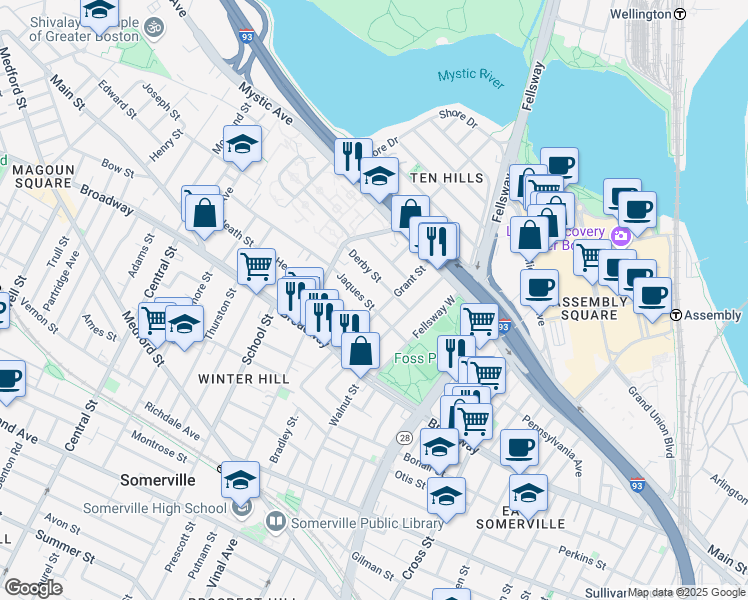map of restaurants, bars, coffee shops, grocery stores, and more near 19 Jaques Street in Somerville