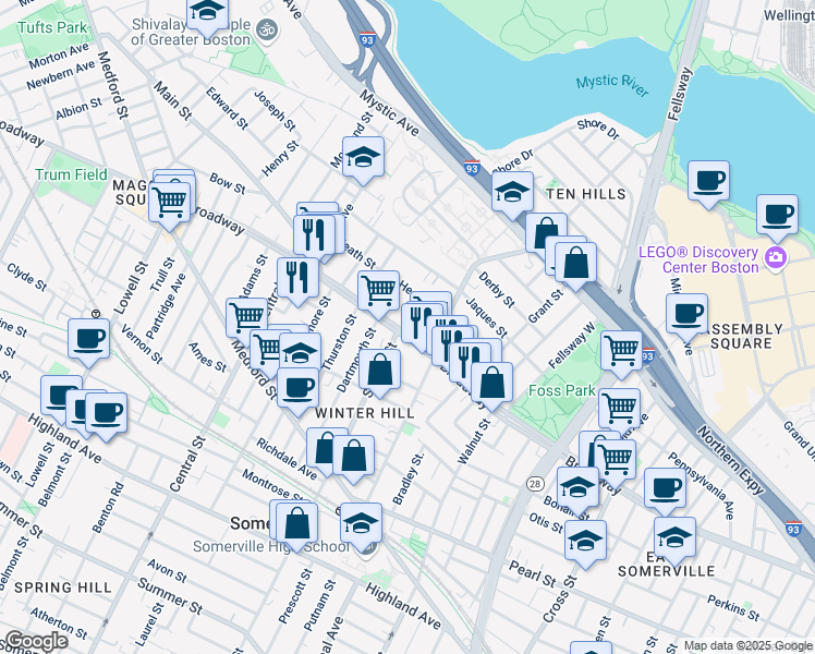 map of restaurants, bars, coffee shops, grocery stores, and more near 331 Broadway in Somerville