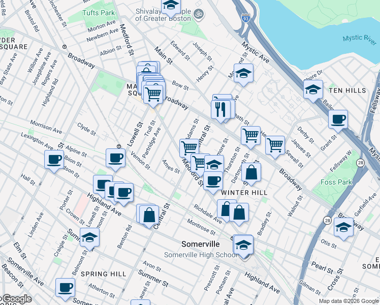map of restaurants, bars, coffee shops, grocery stores, and more near 155 Central Street in Somerville