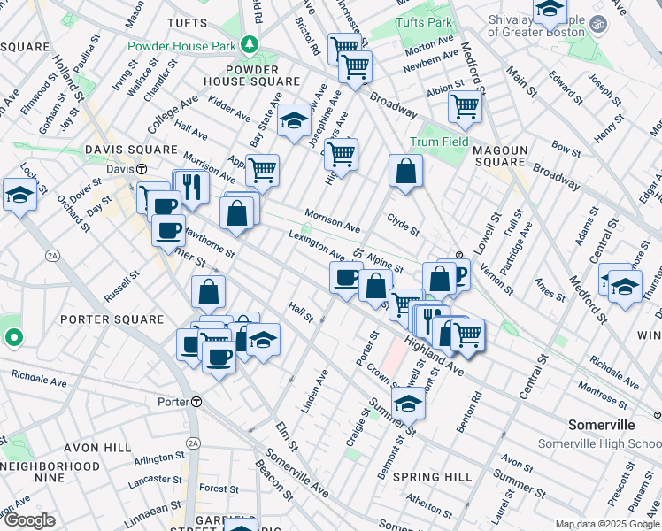 map of restaurants, bars, coffee shops, grocery stores, and more near 124 Cedar Street in Somerville