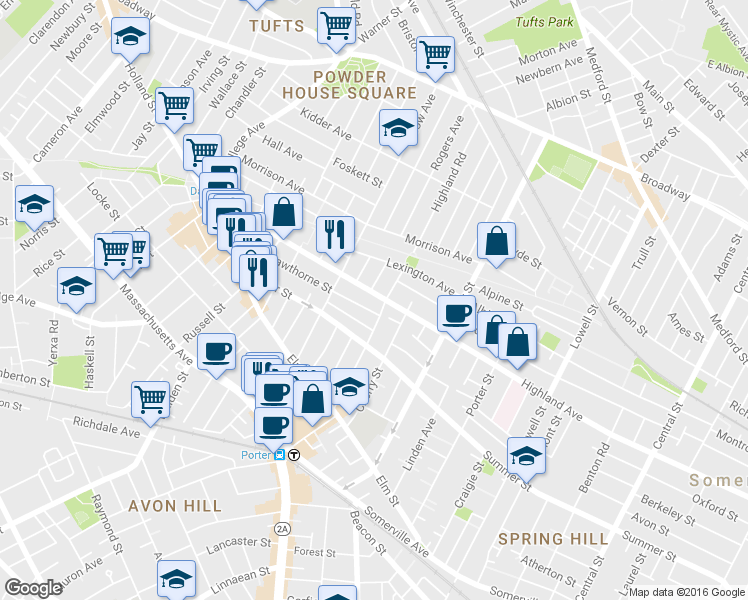 map of restaurants, bars, coffee shops, grocery stores, and more near 322 Highland Avenue in Somerville