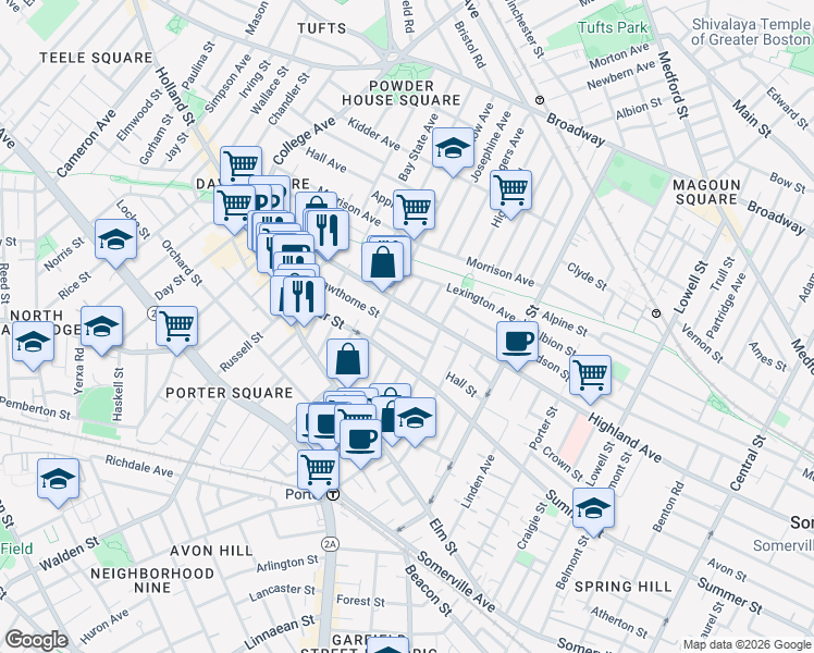 map of restaurants, bars, coffee shops, grocery stores, and more near 18 Charnwood Road in Somerville