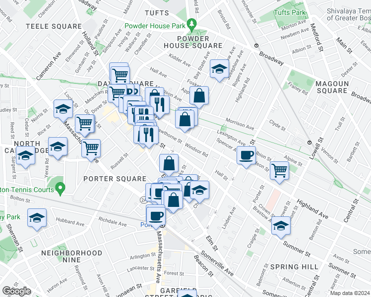 map of restaurants, bars, coffee shops, grocery stores, and more near 18 Charnwood Road in Somerville
