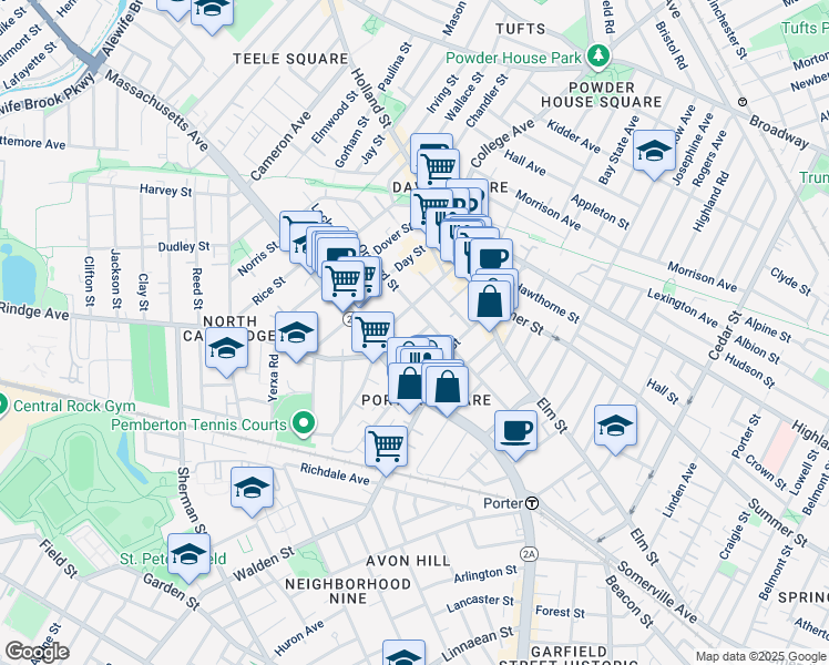 map of restaurants, bars, coffee shops, grocery stores, and more near 15 Milton Street in Cambridge