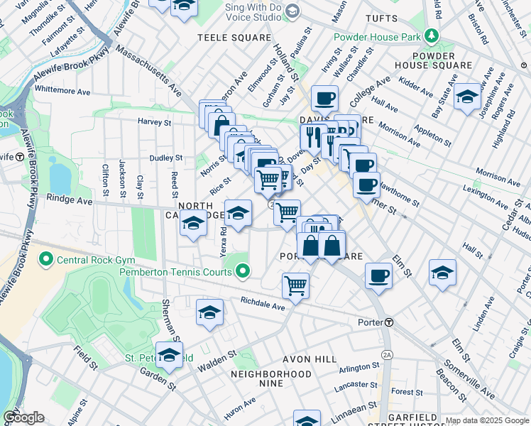 map of restaurants, bars, coffee shops, grocery stores, and more near 22 Haskell Street in Cambridge