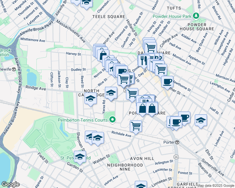 map of restaurants, bars, coffee shops, grocery stores, and more near 22 Haskell Street in Cambridge