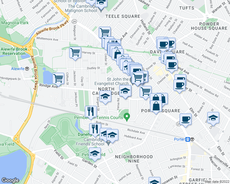 map of restaurants, bars, coffee shops, grocery stores, and more near 142 Rindge Avenue in Cambridge