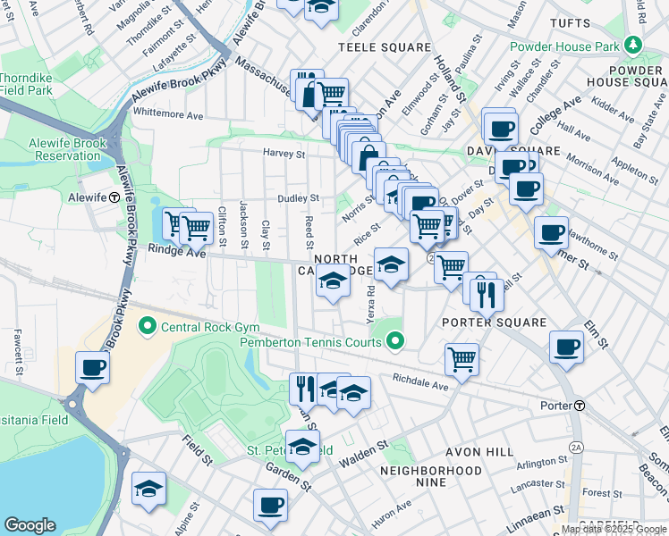 map of restaurants, bars, coffee shops, grocery stores, and more near in Cambridge