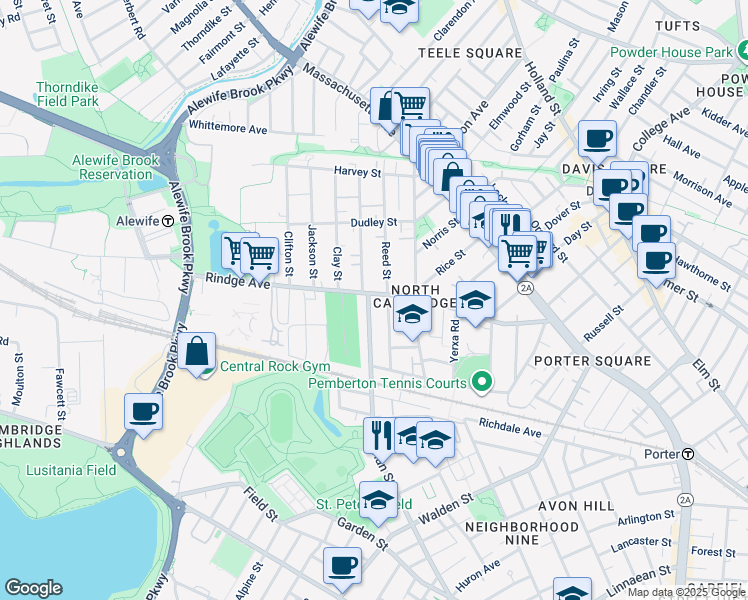 map of restaurants, bars, coffee shops, grocery stores, and more near 195 Sherman Street in Cambridge