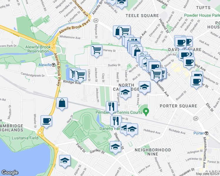 map of restaurants, bars, coffee shops, grocery stores, and more near 195 Sherman Street in Cambridge