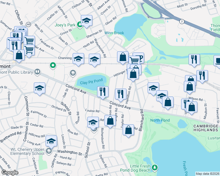 map of restaurants, bars, coffee shops, grocery stores, and more near 38 Trowbridge Street in Belmont