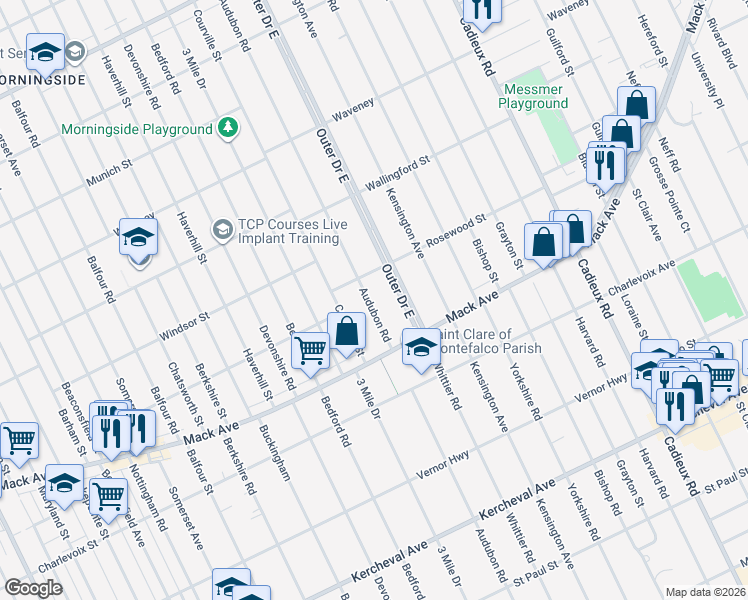 map of restaurants, bars, coffee shops, grocery stores, and more near 3476 Audubon Road in Detroit
