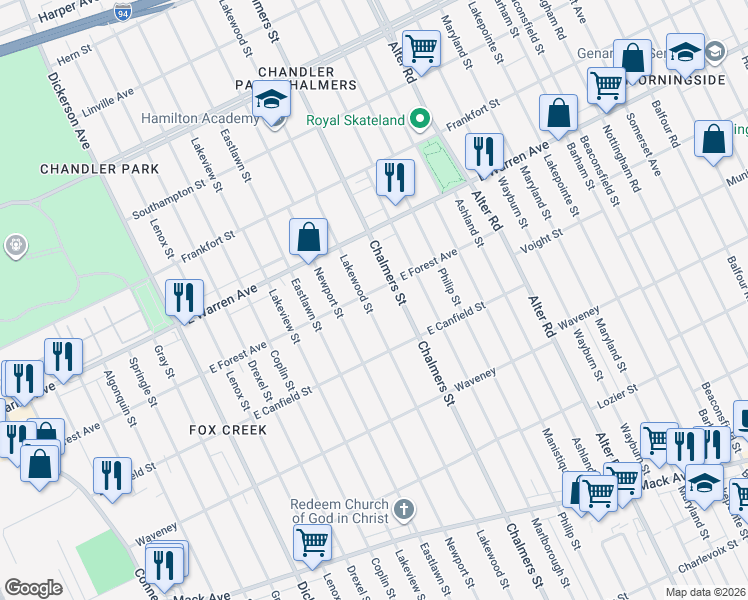 map of restaurants, bars, coffee shops, grocery stores, and more near 4707 Lakewood Street in Detroit