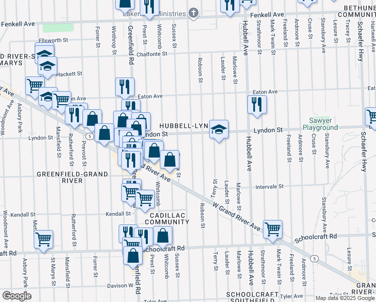 map of restaurants, bars, coffee shops, grocery stores, and more near 14346 Sussex Street in Detroit