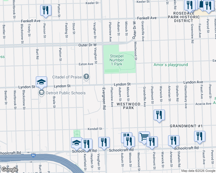 map of restaurants, bars, coffee shops, grocery stores, and more near 14432 Evergreen Road in Detroit