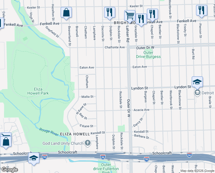 map of restaurants, bars, coffee shops, grocery stores, and more near 22313 Lyndon Street in Detroit