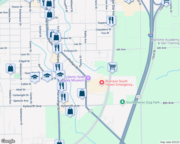 map of restaurants, bars, coffee shops, grocery stores, and more near 901 South Bailey Avenue in South Haven