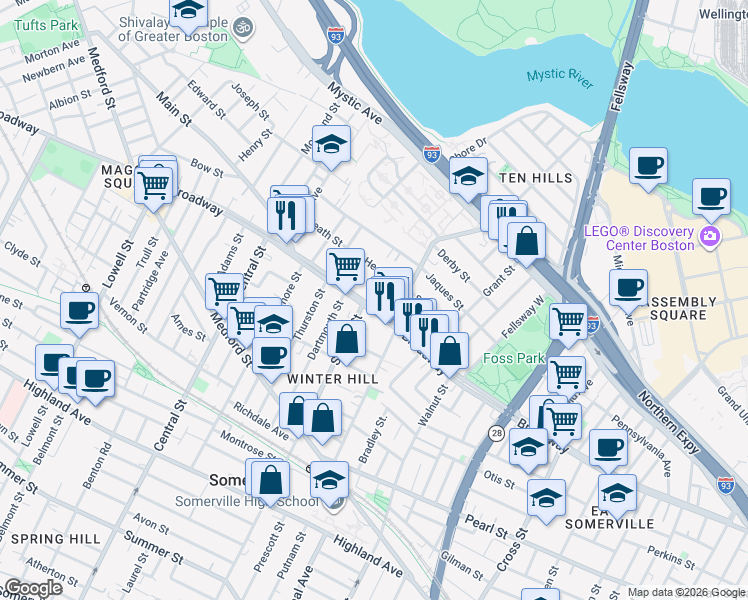 map of restaurants, bars, coffee shops, grocery stores, and more near 331 Broadway in Somerville