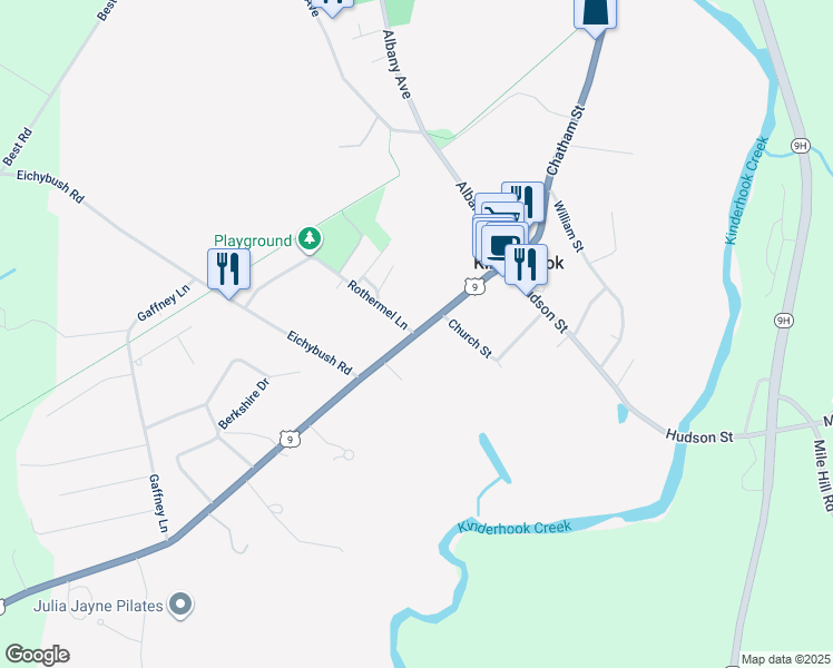 map of restaurants, bars, coffee shops, grocery stores, and more near 25 Broad Street in Kinderhook