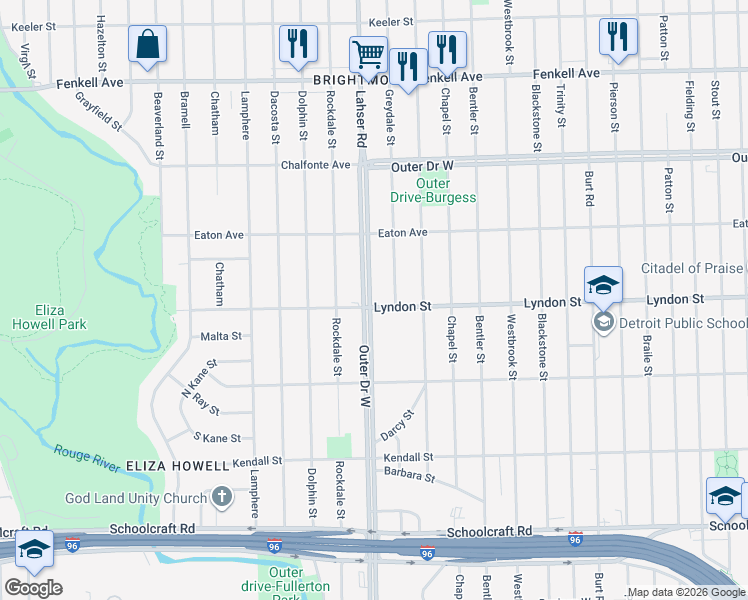 map of restaurants, bars, coffee shops, grocery stores, and more near 21742 Lyndon Street in Detroit