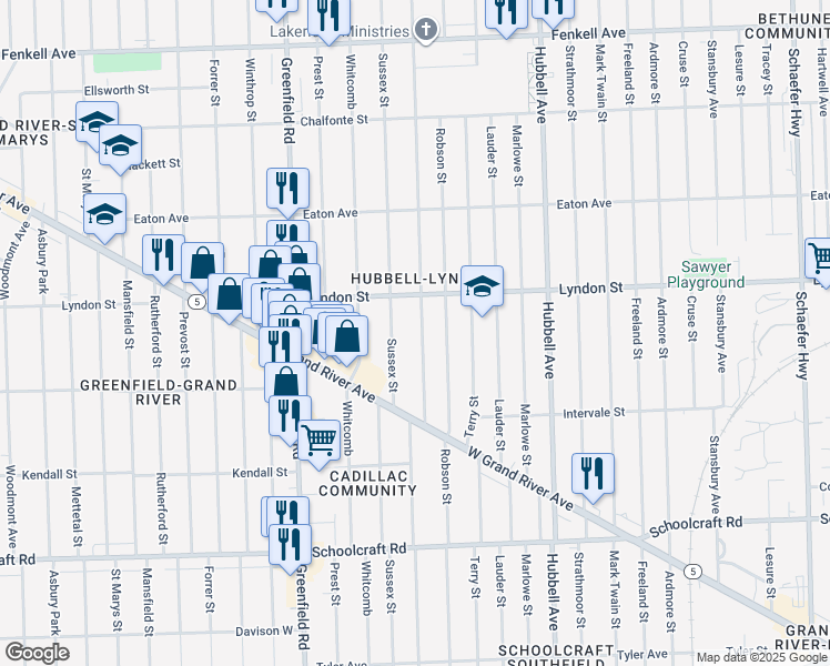 map of restaurants, bars, coffee shops, grocery stores, and more near 14346 Sussex Street in Detroit