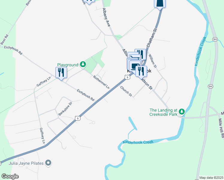 map of restaurants, bars, coffee shops, grocery stores, and more near 25 Broad Street in Kinderhook