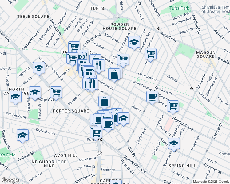 map of restaurants, bars, coffee shops, grocery stores, and more near 18 Charnwood Road in Somerville