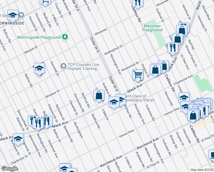 map of restaurants, bars, coffee shops, grocery stores, and more near 3476 Audubon Road in Detroit