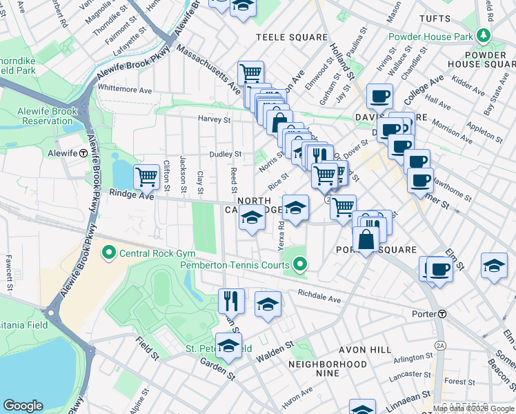 map of restaurants, bars, coffee shops, grocery stores, and more near 146 Rindge Avenue in Cambridge