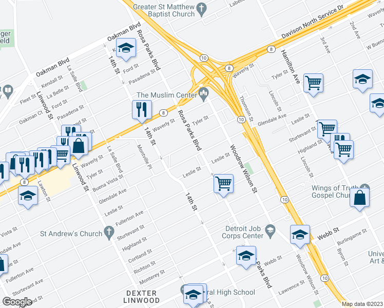 map of restaurants, bars, coffee shops, grocery stores, and more near 1934 Glendale Avenue in Detroit