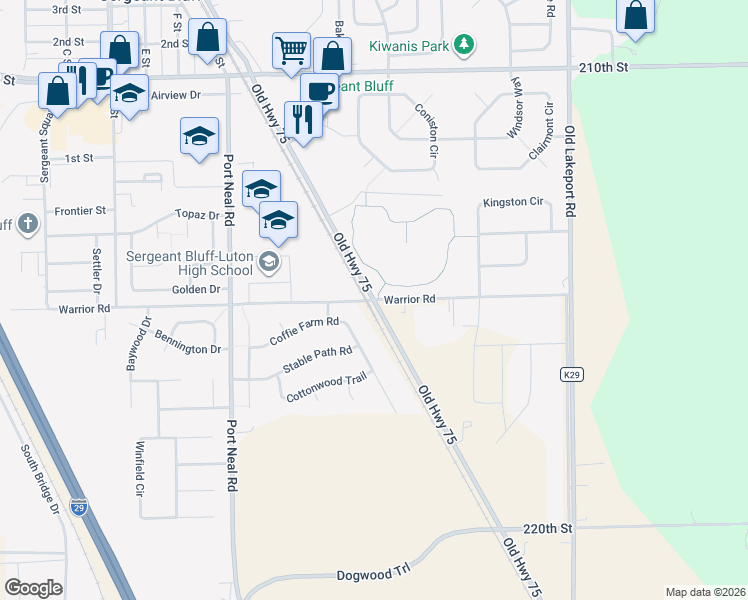 map of restaurants, bars, coffee shops, grocery stores, and more near 1300 Warrior Road in Sergeant Bluff