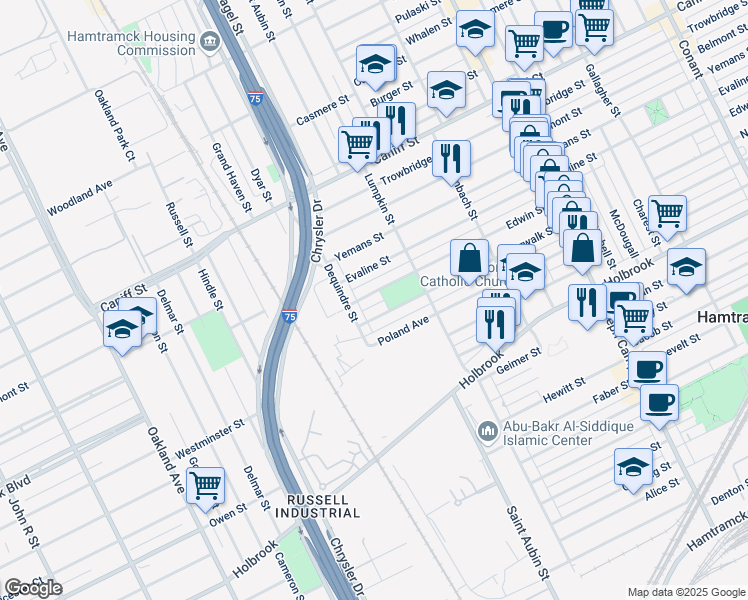 map of restaurants, bars, coffee shops, grocery stores, and more near 1935 Norwalk Street in Hamtramck