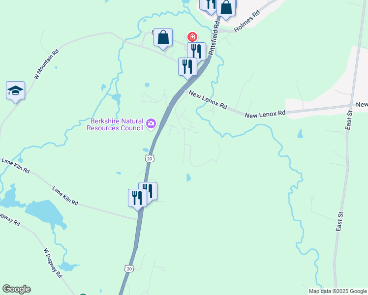 map of restaurants, bars, coffee shops, grocery stores, and more near 20 Meadow Lane in Lenox