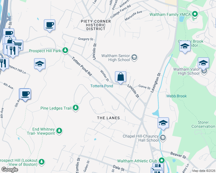 map of restaurants, bars, coffee shops, grocery stores, and more near 16 Winter Street in Waltham